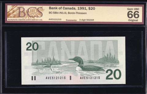 1991 Bank of Canada $20 "Radar" BCS GEM UNC-66 Original (BC-58b - N1)