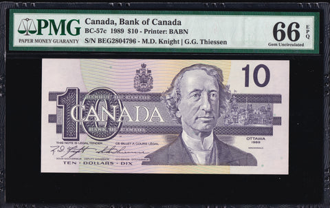 1989 Bank of Canada $10 in PMG GEM UNC-66 EPQ (BC-57c)