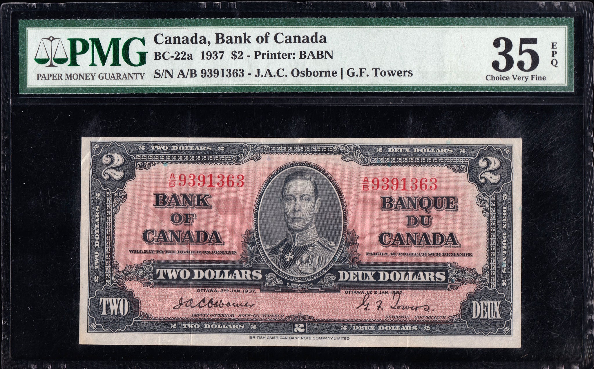 1937 Bank of Canada $2 "Osborne" in PMG VF-35 EPQ (BC-22a)