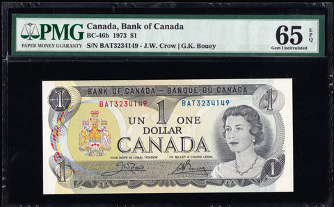 1973 Bank of Canada $1 in PMG Gem UNC-65 EPQ (BC-46b)