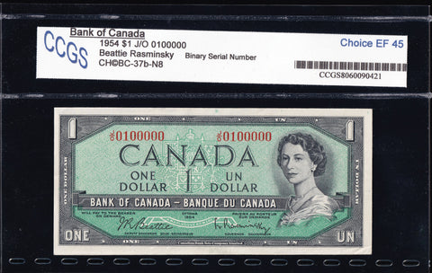 1954 Bank of Canada $1 "Binary" Certified by CCGS as EF-45 (BC-37b - N8)