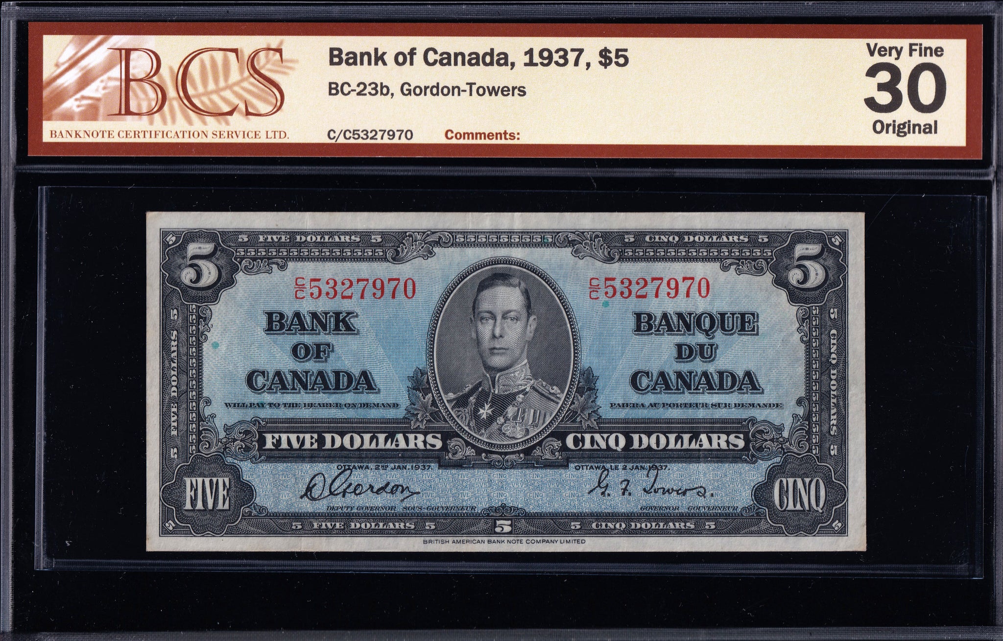 1937 Bank of Canada $5 BCS VF-30 Original (BC-23b)