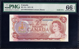 1974 Bank of Canada $2 "Solid Radar Serial" in PMG Gem UNC-66 EPQ (BC-47a - N1)