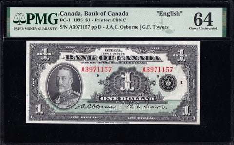 1935 Bank of Canada $1 "English" PMG Choice UNC 64 (BC-1)