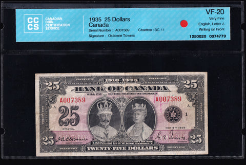 1935 Bank of Canada $25 in CCCS VF20 (BC-11)