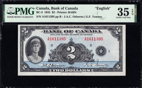 1935 Bank of Canada $2 "English" in PMG VF35 EPQ (BC-3)