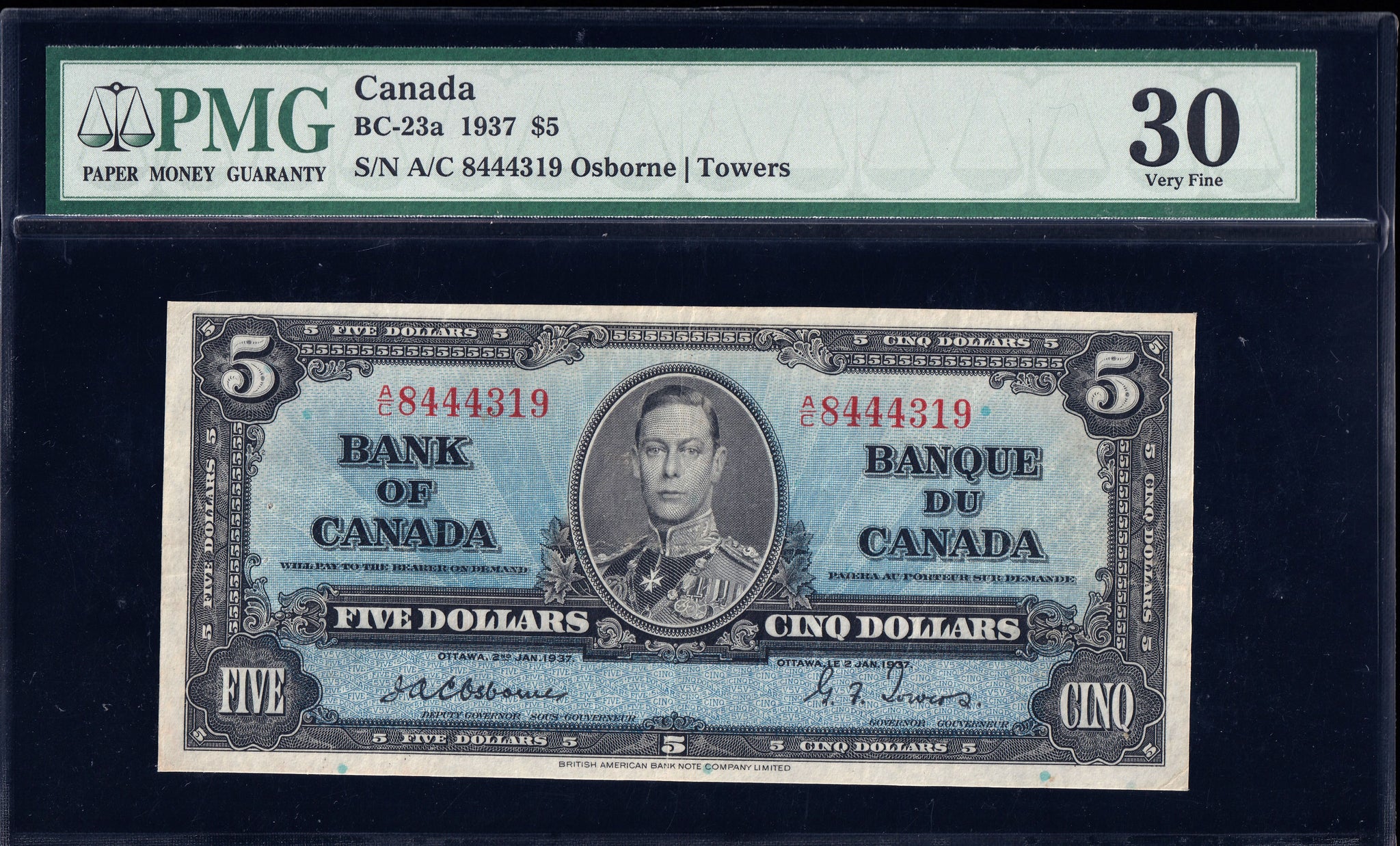 1937 Bank of Canada $5 "Osborne" in PMG VF-30 (BC-23a)
