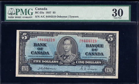 1937 Bank of Canada $5 "Osborne" in PMG VF-30 (BC-23a)