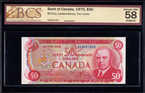 1975 Bank of Canada $50 in BCS AU-58 Original (BC-51a)