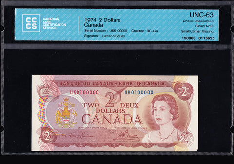 1974 Bank of Canada $2 "Binary" in CCCS UNC-63 (BC-47a N8)