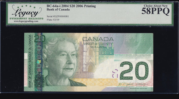 2004 Bank of Canada $20 "low Serial 0000081" Certified AU PPQ (BC64a-1 N5)