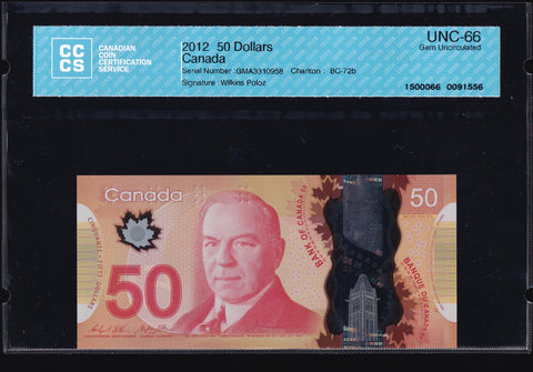 2012 Bank of Canada $50 in CCCS Gem UNC 66 (BC-72b)