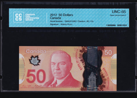 2012 Bank of Canada $50 in CCCS Gem UNC 66 (BC-72b)