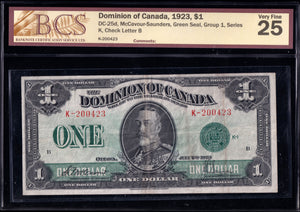 1923 Dominion of Canada $1 "Green Seal" in BCS VF-25 (DC-25d)