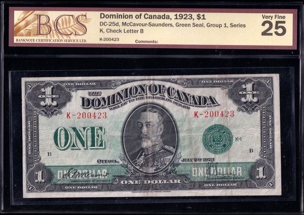 1923 Dominion of Canada $1 "Green Seal" in BCS VF-25 (DC-25d)