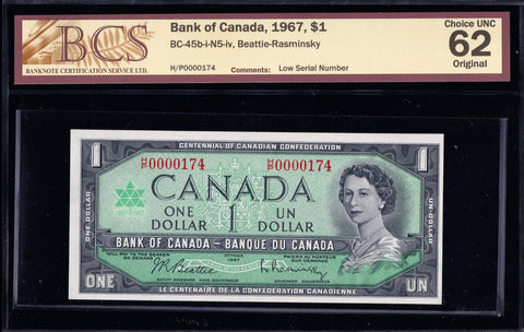 1967 Bank of Canada $1 Low (0000174) in BCS Choice UNC-62 Original (BC-45b-i N5)