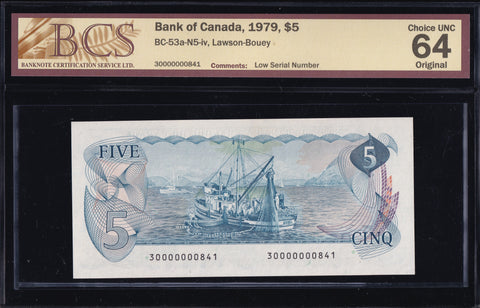 1979 Bank of Canada $5 "Low Serial" in BCS Choice UNC - 64 Original (BC-53a N5)