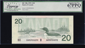 1991 Bank of Canada $20 "3 Digit Radar" Certified Legacy Gem UNC-67 PPQ (BC-58c N1)