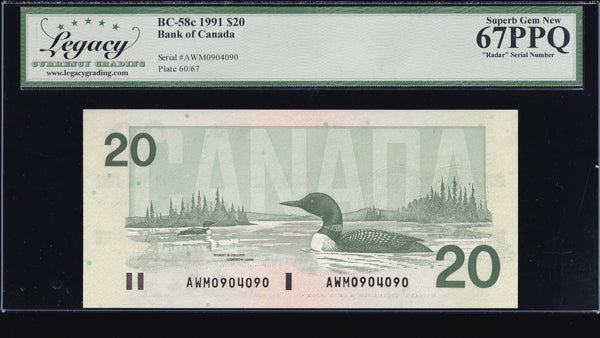 1991 Bank of Canada $20 "3 Digit Radar" Certified Legacy Gem UNC-67 PPQ (BC-58c N1)