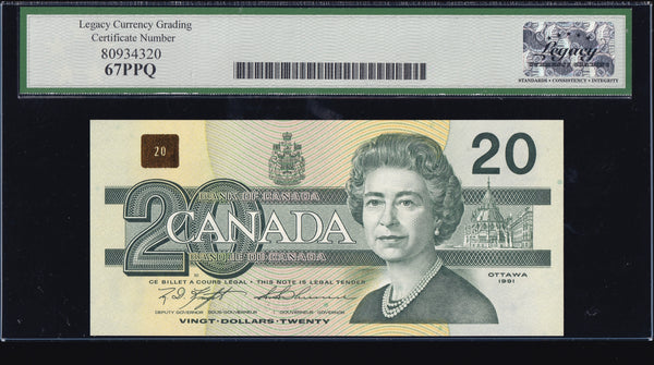 1991 Bank of Canada $20 "3 Digit Radar" Certified Legacy Gem UNC-67 PPQ (BC-58c N1)