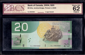 2004 Bank of Canada $20 "2 Digit Radar" Certified BCS Choice UNC-62 Original (BC-64 N1)