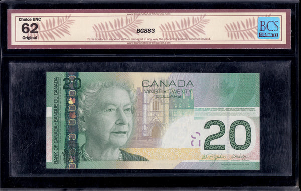 2004 Bank of Canada $20 "2 Digit Radar" Certified BCS Choice UNC-62 Original (BC-64 N1)