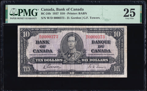 1937 Bank of Canada $10 Low Serial "0000373" in PMG VF25 (BC-24b)