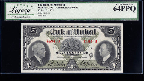 1935 Bank of Montreal $5 in Legacy Choice UNC-64 PPQ