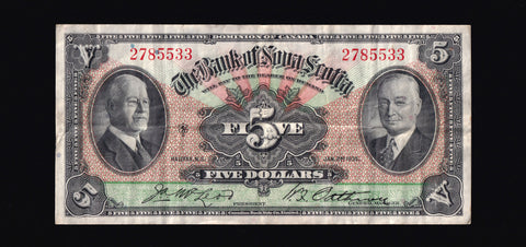 1935 Bank of Nova Scotia $5 in V+ Original