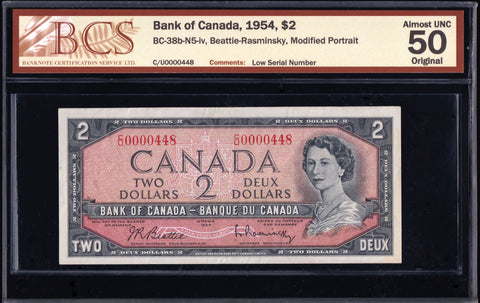 1954 Bank of Canada $2 Low Serial "000448" in BCS AU50 Original (BC-38b N5)