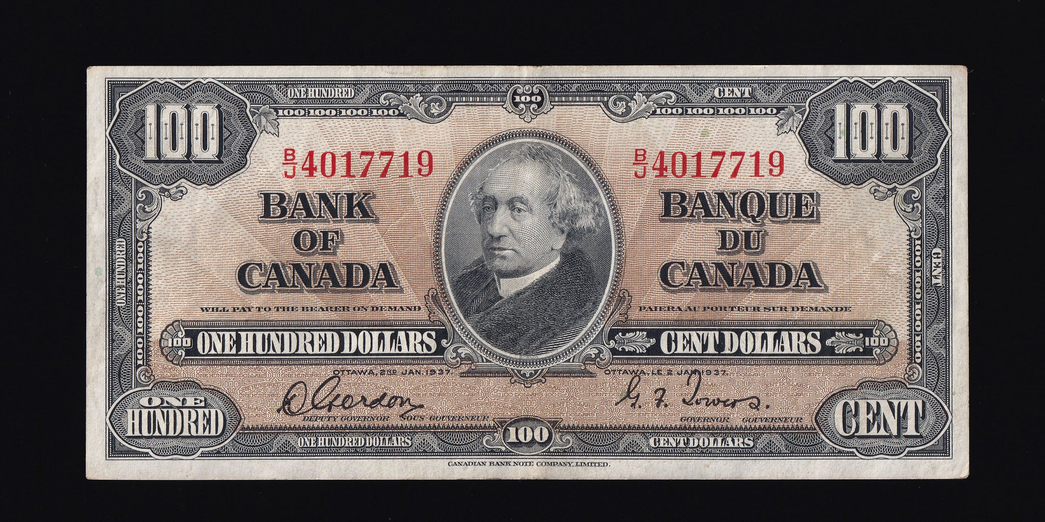 1937 Bank of Canada $100 in VF+ (BC-27b)