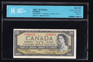 1954 Bank of Canada $20 Modified Radar & Repeater in CCCS AU-50 (BC-42b - N1 - N10)