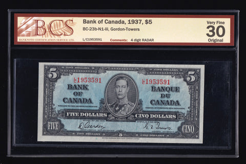 1937 Bank of Canada $5 Radar in BCS VF30 Original (BC-23b - N1)