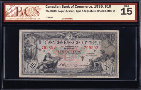 1935 Canadian Bank of Commerce $10 in BCS F15 condition "Chartered"