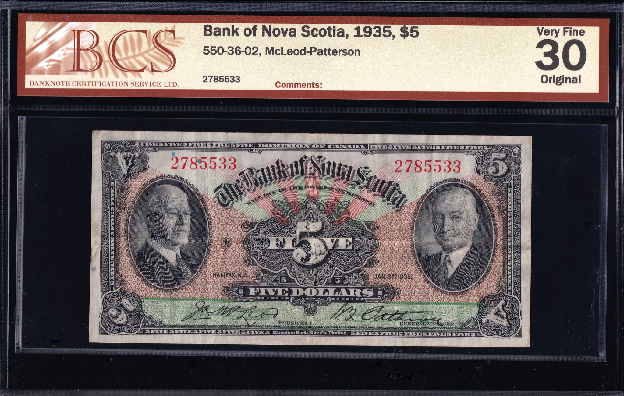 1935 Bank of Nova Scotia $5 in BCS VF30 Original "Chartered"