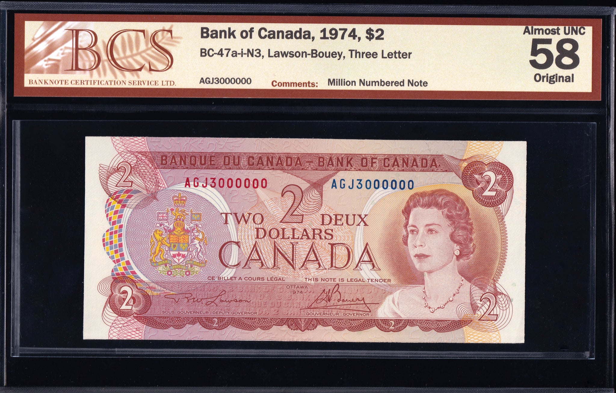 1974 Bank of Canada $2 "Million Serial" BCS AU58 Original (BC-47a N3)