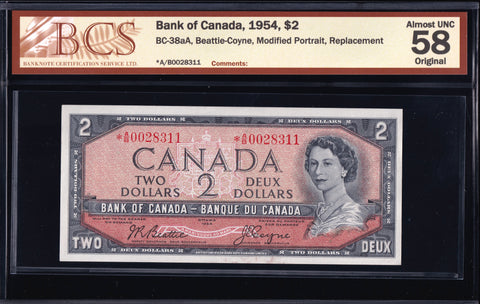 1954 Bank of Canada $2 Replacement *A/B in BCS AU58 Original (BC-38aA)