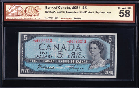 1954 Bank of Canada $5 Replacement *A/C in BCS AU58 (BC-39aA)