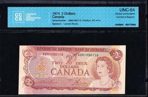 1974 Bank of Canada $2 "Replacement Error" CCCS Choice UNC64 (BC-47a-i)