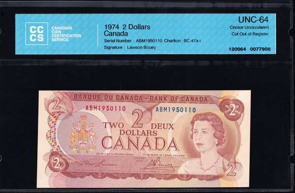 1974 Bank of Canada $2 "Replacement Error" CCCS Choice UNC64 (BC-47a-i)