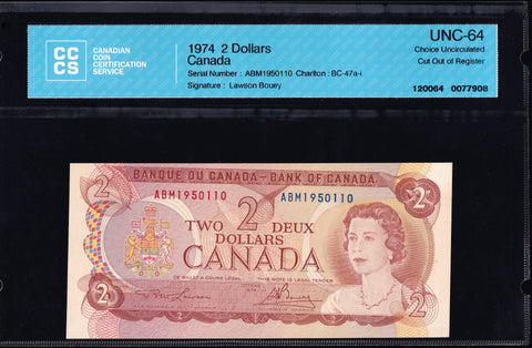 1974 Bank of Canada $2 "Replacement Error" CCCS Choice UNC64 (BC-47a-i)