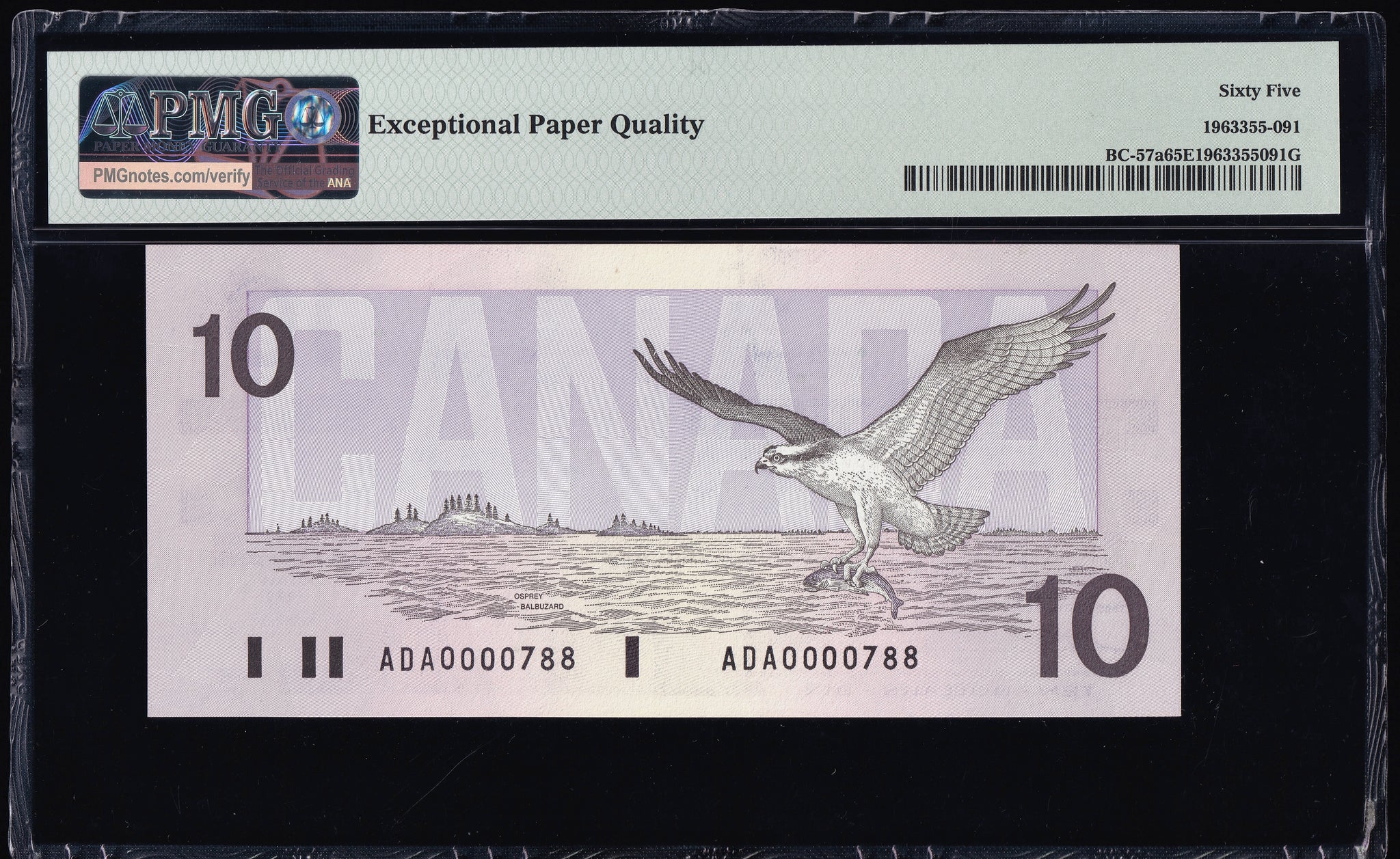 1989 Bank of Canada $10 "Low Serial 0000788" in PMG Gem UNC-65 (BC-57a N1)