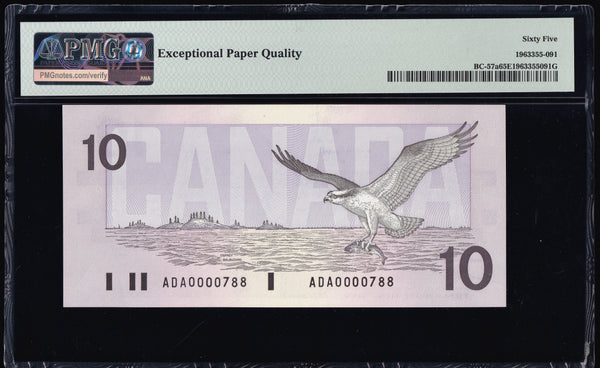 1989 Bank of Canada $10 "Low Serial 0000788" in PMG Gem UNC-65 (BC-57a N1)