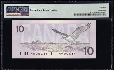 1989 Bank of Canada $10 "Low Serial 0000788" in PMG Gem UNC-65 (BC-57a N1)