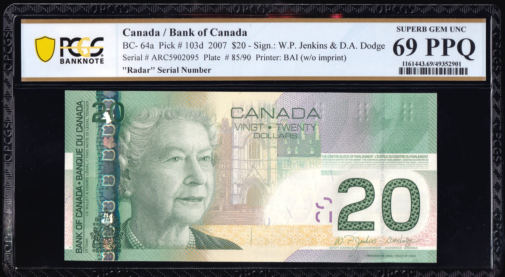 2007 Bank of Canada $20 "Radar" in PCGS GEM UNC-69 PPQ (BC-64a -N1)