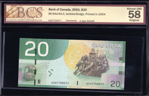 2004 Bank of Canada $20 "Radar" in BCS Choice AU-58 Original (BC-64a -N1)