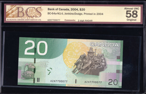 2004 Bank of Canada $20 "Radar" in BCS Choice AU-58 Original (BC-64a -N1)