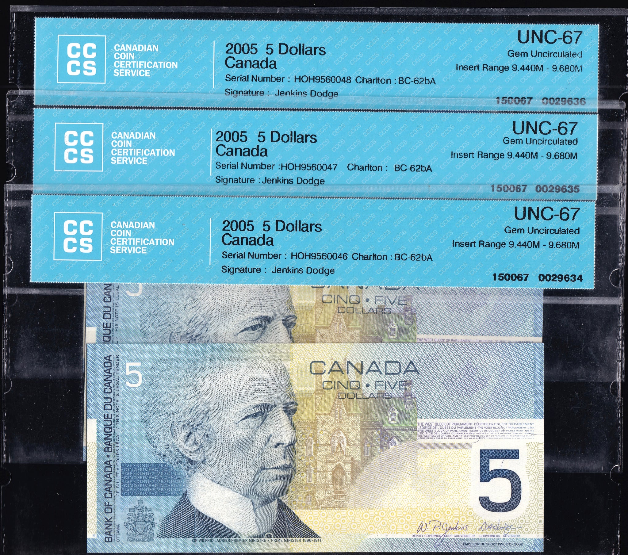2005 Bank of Canada $5 "3x Consecutive Replacement" in CCCS Gem UNC-67 Original (BC-62bA)