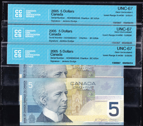 2005 Bank of Canada $5 "3x Consecutive Replacement" in CCCS Gem UNC-67 Original (BC-62bA)