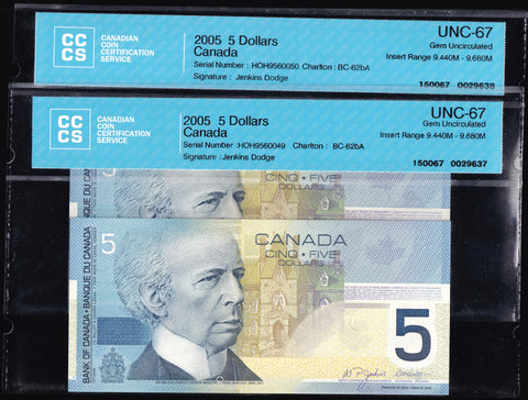 2005 Bank of Canada $5 "2x Consecutive Replacement" in CCCS Gem UNC-67 Original (BC-62bA)